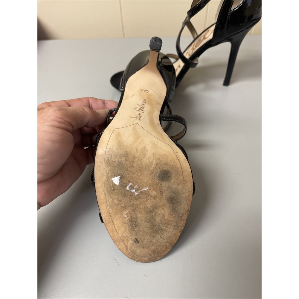sam edelman 6.5 Black 3.5" heels Strappy Classy Gold Trim Open Toe - Picture 5 of 6